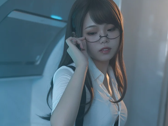 镜框勾下来一寸,七月喵子这期眼镜娘1号把道具用活了